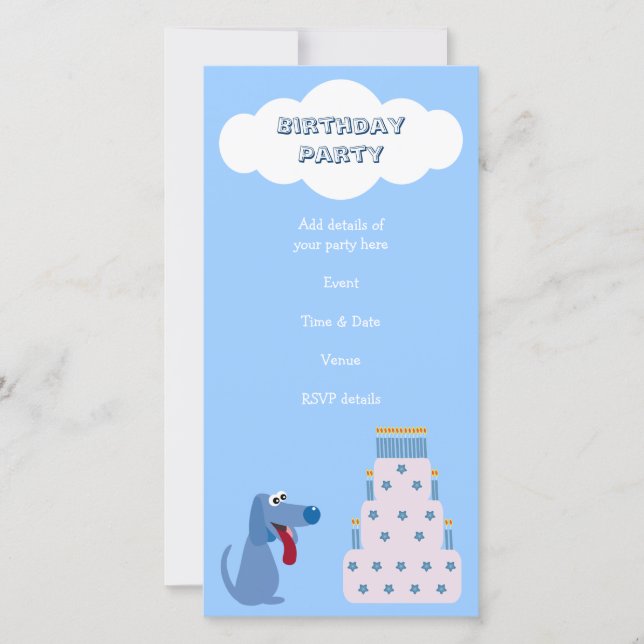 Cute Blue Cartoon Dog & Birthday Cake Invitaciones (Anverso)