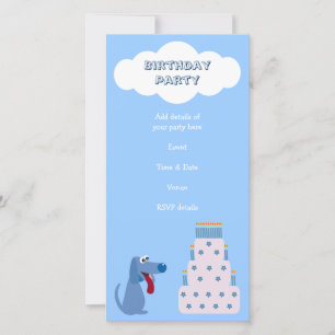 Cute Blue Cartoon Dog & Birthday Cake Invitaciones