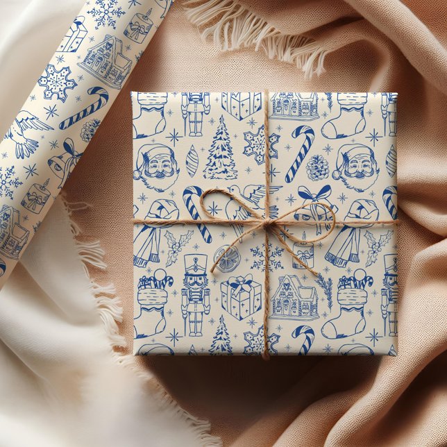 Cute Blue Doodle Navidades Papel envuelto (Subido por el creador)