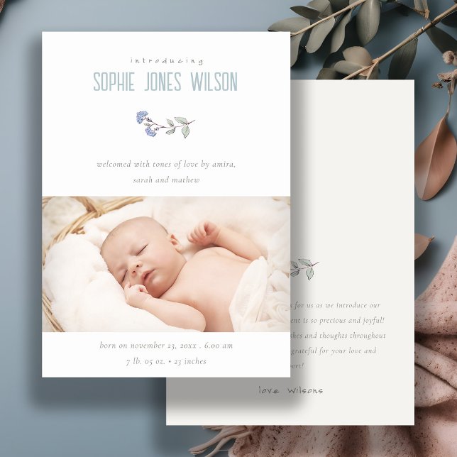 Cute Blue Floral Photo Boys Anuncio de nacimiento (Subido por el creador)