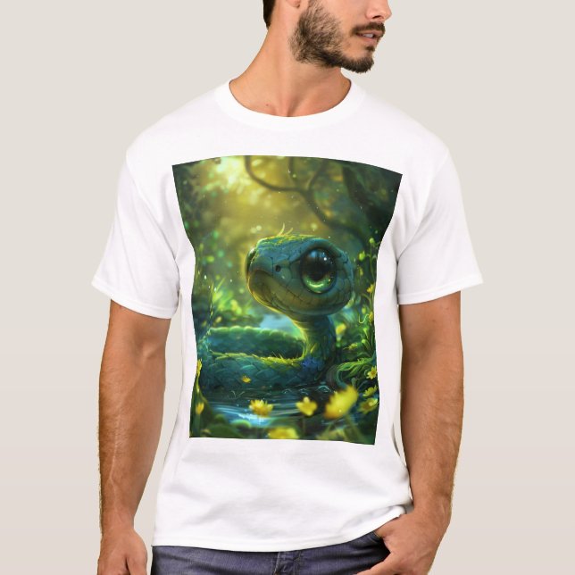 Cute Blue Green Chibi Snake con gran camiseta de o (Anverso)