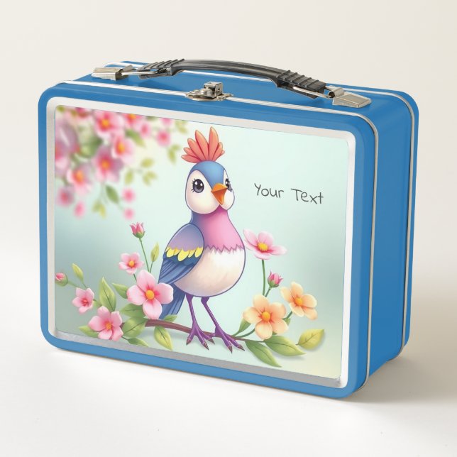 Cute Blue Pink Bird Floral Metal Lunch Box (Anverso)