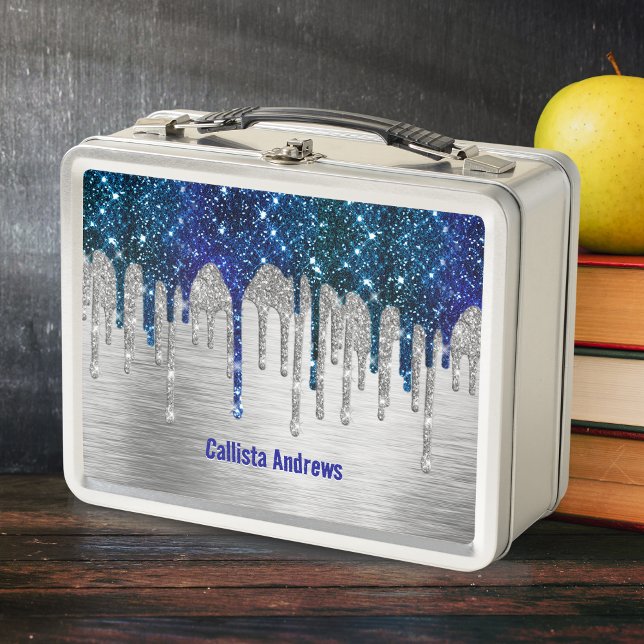 Cute Blue silver faux glitter Drips monogram (Subido por el creador)