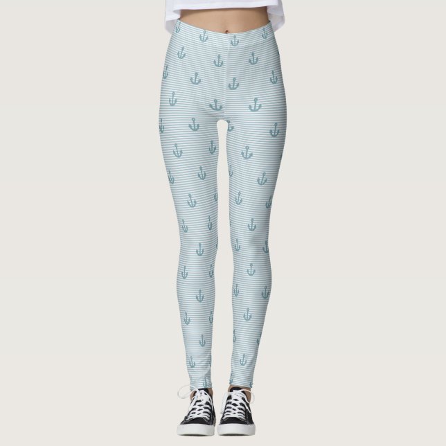 Cute Blue Striped Anchor Sailing Leggings (Anverso)