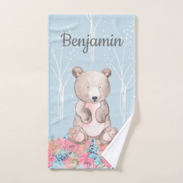 Cute Blue Woodland Bear Baby Nursery (Toalla de mano)