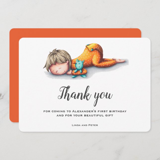 Cute Boy First Birday Tarjeta de agradecimiento (Anverso / Reverso)