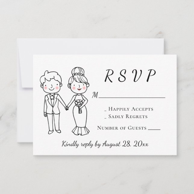 Cute Bride Groom Boda Blanca Negra RSVP (Anverso)