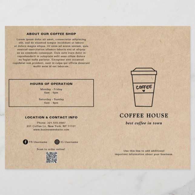 Cute Brown Coffee Cup Coffee Shop Menu (Frente)