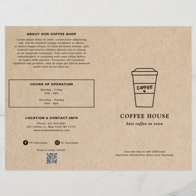 Cute Brown Coffee Cup Coffee Shop Menu (Anverso)