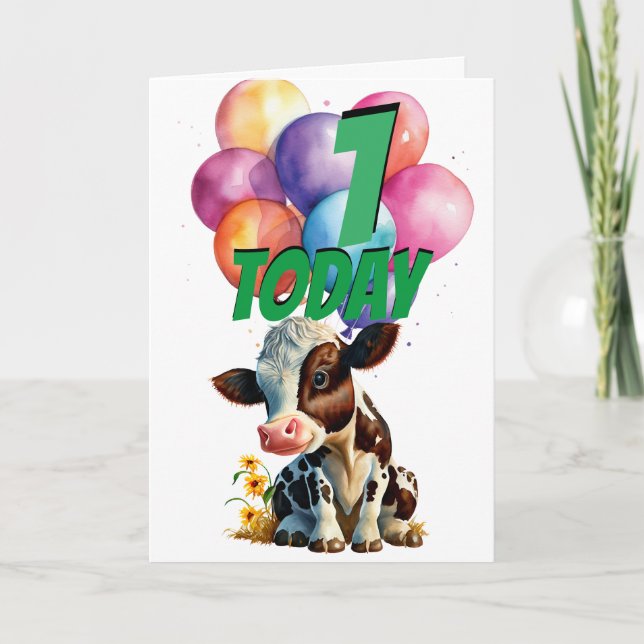 Cute Brown Cow Primera Tarjeta de Globos de Cumple (Anverso)