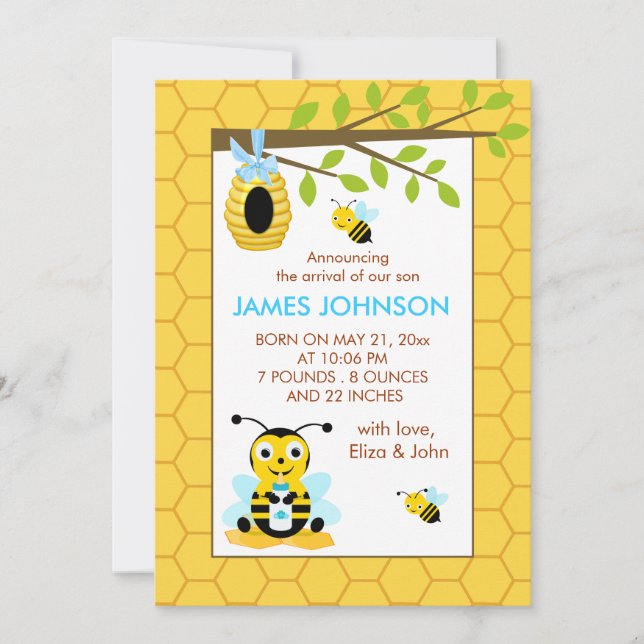 Cute Bumble Bee Boy Nacimiento Tarjeta de Anuncio (Anverso)