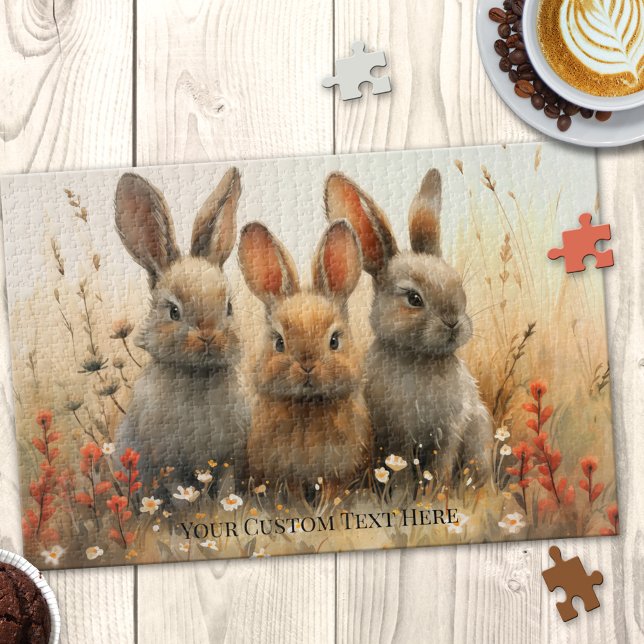 Cute Bunnies, el rompecabezas de los animales (Puzzle featuring 3 cute bunnies in a floral country scene. An adorable rabbit puzzle for Easter)