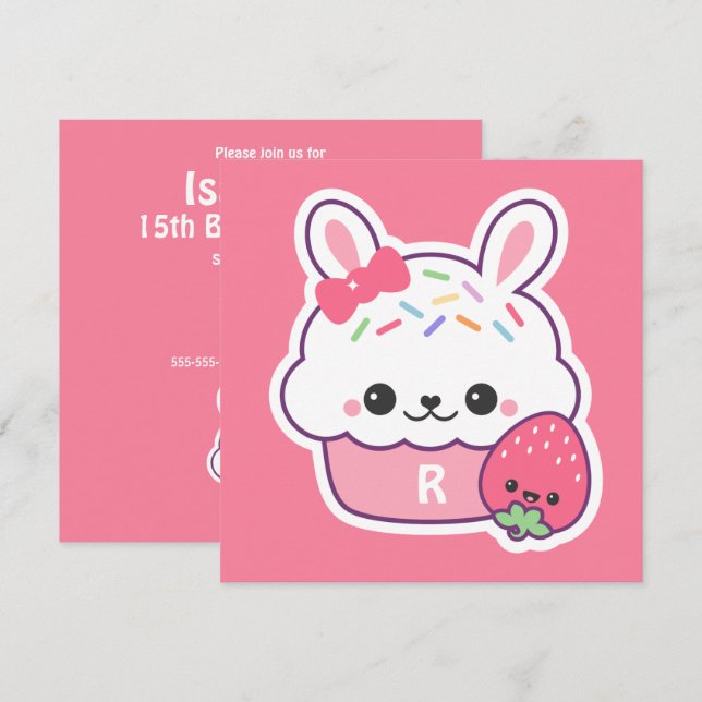 Cute Bunny Cupcake Invitaciones a la fiesta de cum (Anverso / Reverso)