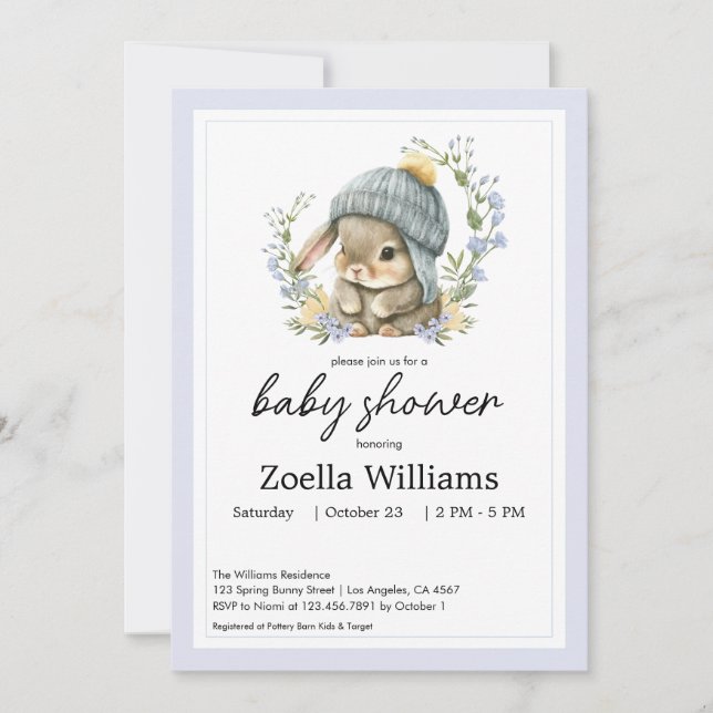 Cute Bunny Floral Spring Baby Shower Invitation (Anverso)