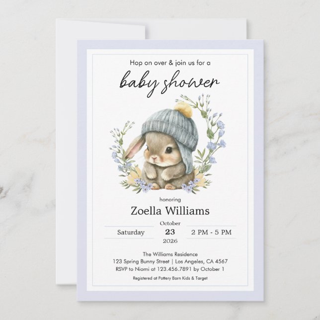 Cute Bunny Flowers Spring Baby Shower Invitation (Anverso)