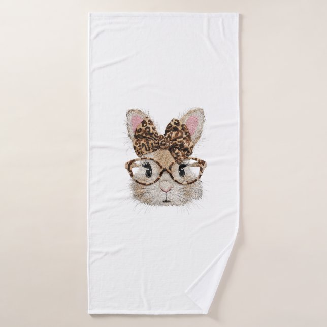 Cute Bunny Rabbit Face Leopard Coquette Bow Glasse (Toalla de baño)