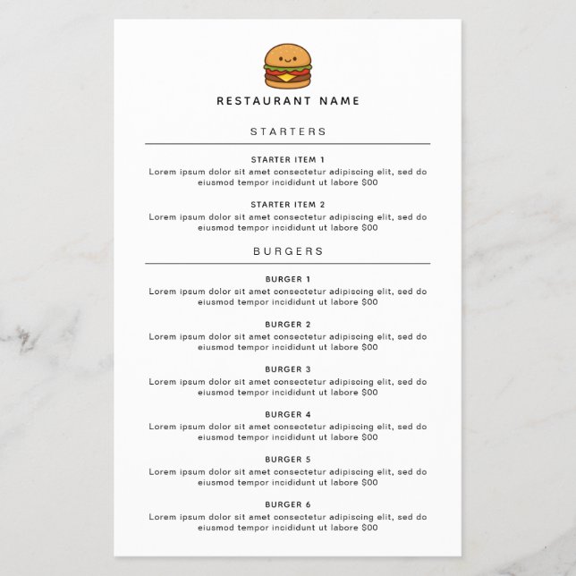 Cute Burger Restaurant Menu (Frente)