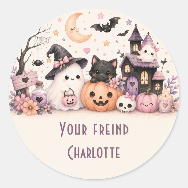 Cute Calcomanía Redonda de Amigos de Halloween (Anverso)