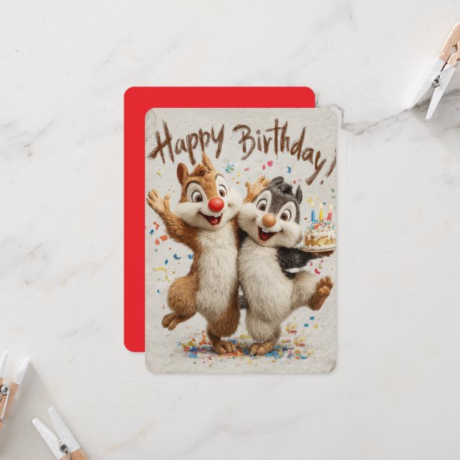 Cute Cartoon Chipmunks Happy Birthday Card  (Anverso/Reverso In Situ)