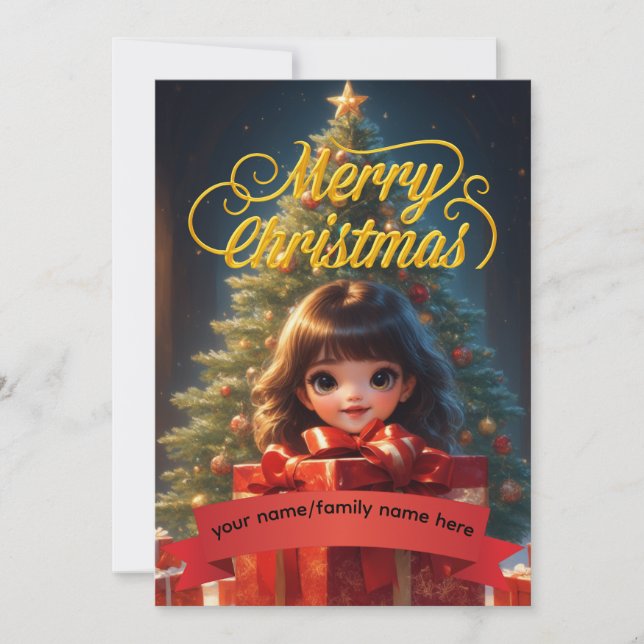 Cute Cartoon Girl Custom Red Ribbon Christmas Card (Anverso)
