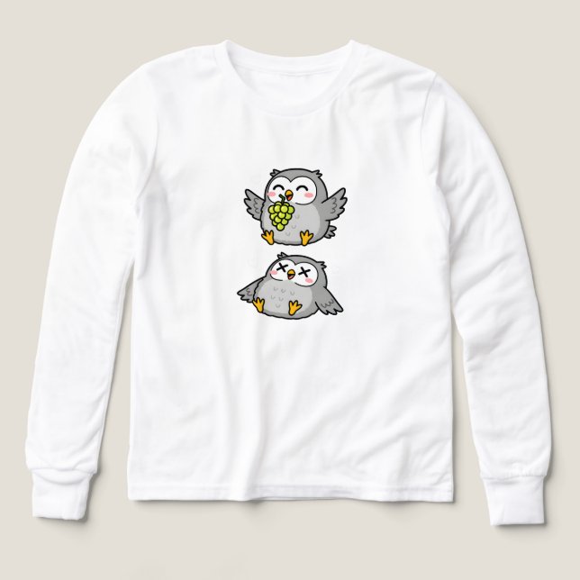 Cute Cartoon Owls Eating Grapes Funny Gray Owl (Diseño frontal)