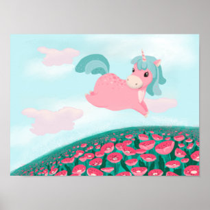      Cute Cartoon Unicorn Póster Rosa y Menta