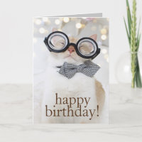Cute Cat Nerd Glasses Feliz Cumpleaños Tarjeta de