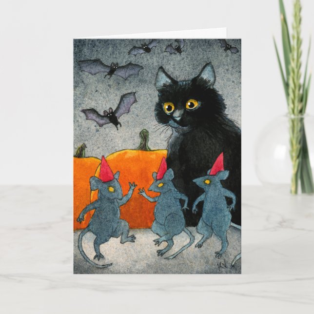 Cute cat ratones calabaza tarjeta Halloween (Anverso)