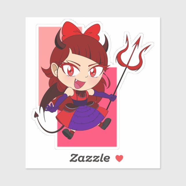 Cute Chibi Devil con Pegatina de fondo rojo (Hoja)