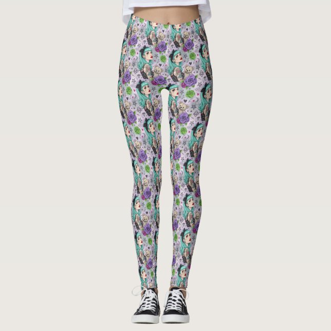 Cute Chibi Girl & Floral Pattern Leggings (Anverso)