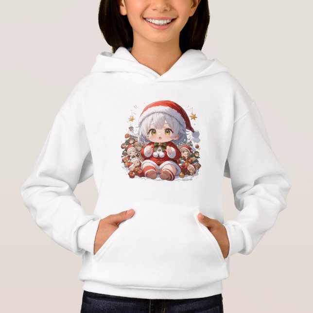 Cute Chibi Santa Girls' Christmas Pullover Hoodie (Anverso)