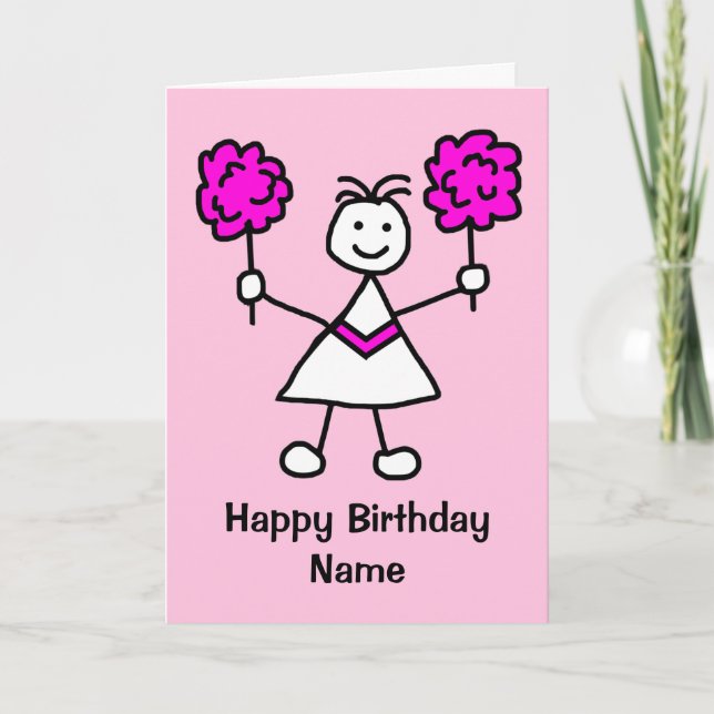 Cute Chica Cheerader Tarjeta de Cumpleaños Rosa (Anverso)