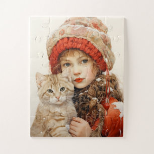 CUTE CHICA Y CAT ART JIGSAW PUZZLE