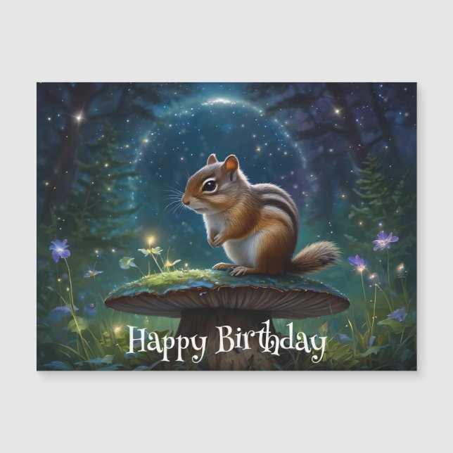 Cute Chipmunk en hongos en jardín mágico (Anverso)