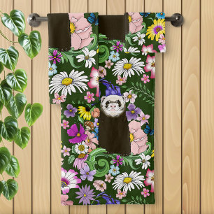 Cute Chocolate Sable Ferret Floral Verde