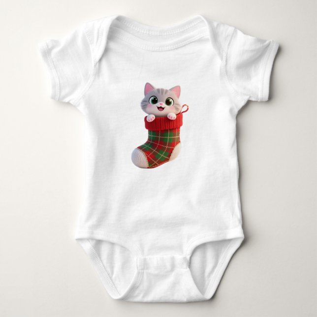 Cute Christmas Cat in Stocking Baby Jersey T-Shirt (Anverso)