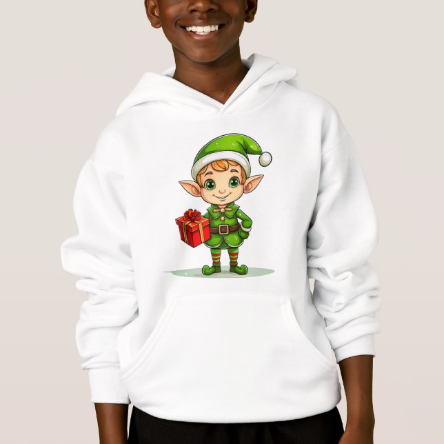 Cute Christmas Elf with Gift – Holiday Hoodie (Anverso)
