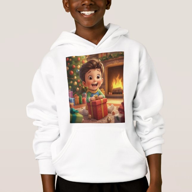 Cute Christmas Gift Opening Cartoon Kid Hoodie – H (Anverso)