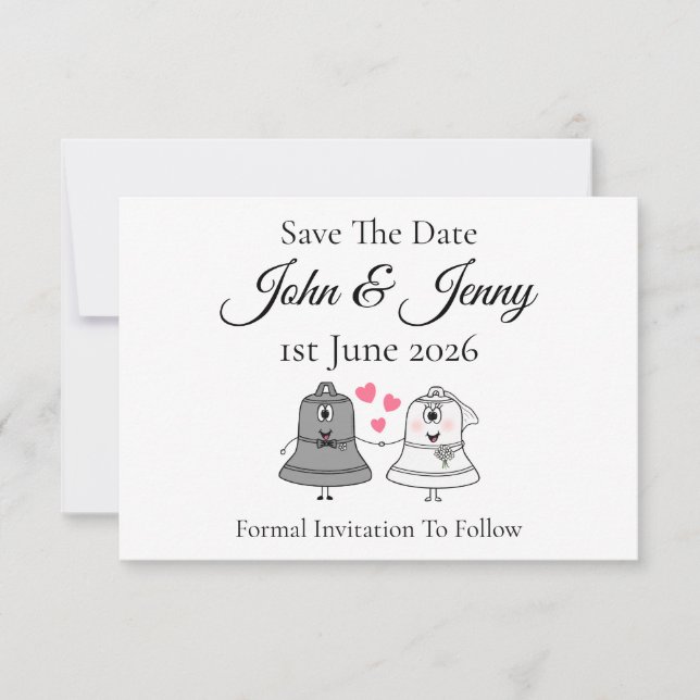 Cute Church Bells Wedding Salven la fecha (Anverso)