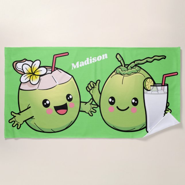 Cute Coconuts nombre personalizado toalla de playa (Anverso)