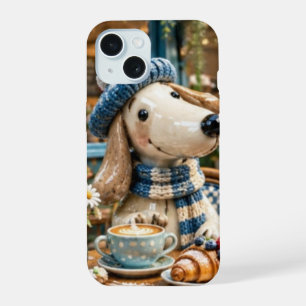 Cute Coffee Shop Puppy Dog in Beanie Hat and Scarf