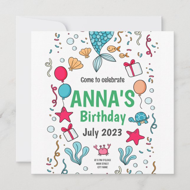 Cute cola de sirena, invitación de cumpleaños de s (Anverso)