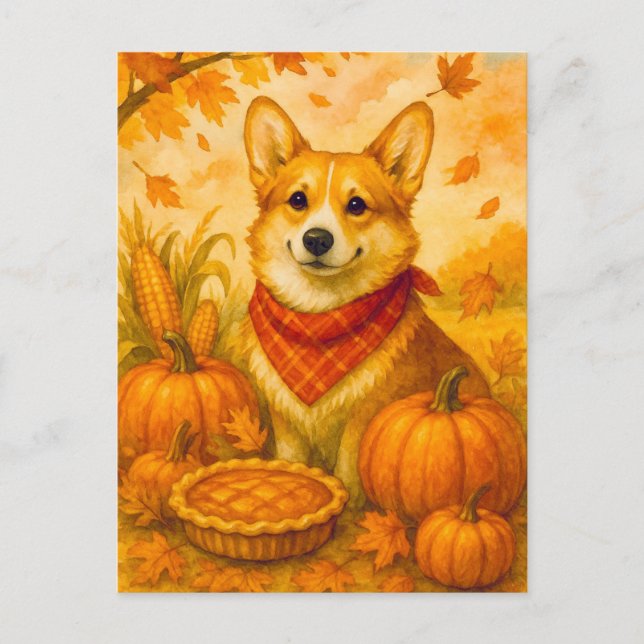 Cute Corgi Pumpkin Pie Feliz Postales de Acción de (Anverso)