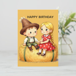 Cute Country Kids on Hay Bale – Rustic Cartoon Art