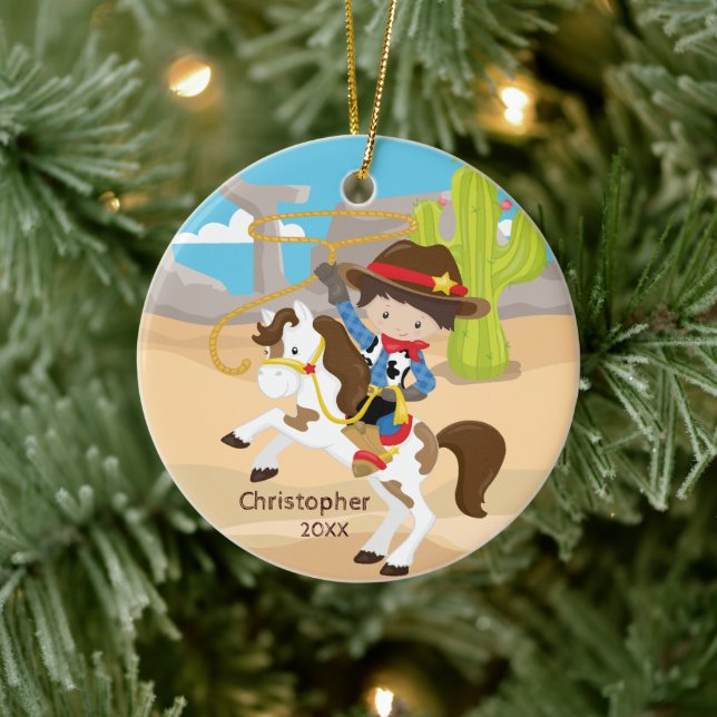 Cute Cowboy Horseback Boy Ornamento de Navidad (Árbol)