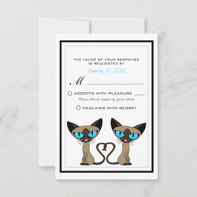 Cute de gatos siameses boda cardíaca de cola RSVP (Anverso)