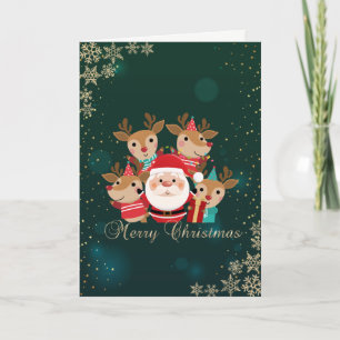 Cute Deers, Santa Claus, tarjeta de vacaciones Sno