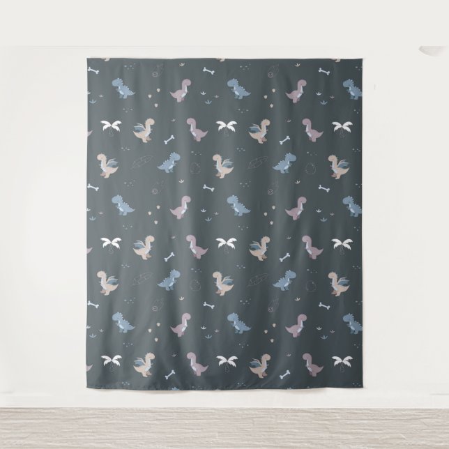 Cute Dino Patern Tapiz Gris Azul (Anverso)