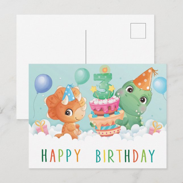 Cute dinosaur tarjeta de 3 cumpleaños (Anverso / Reverso)