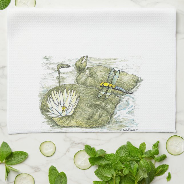 Cute Dragonfly & Lilly Pad Paño de Cocina (Doblado)